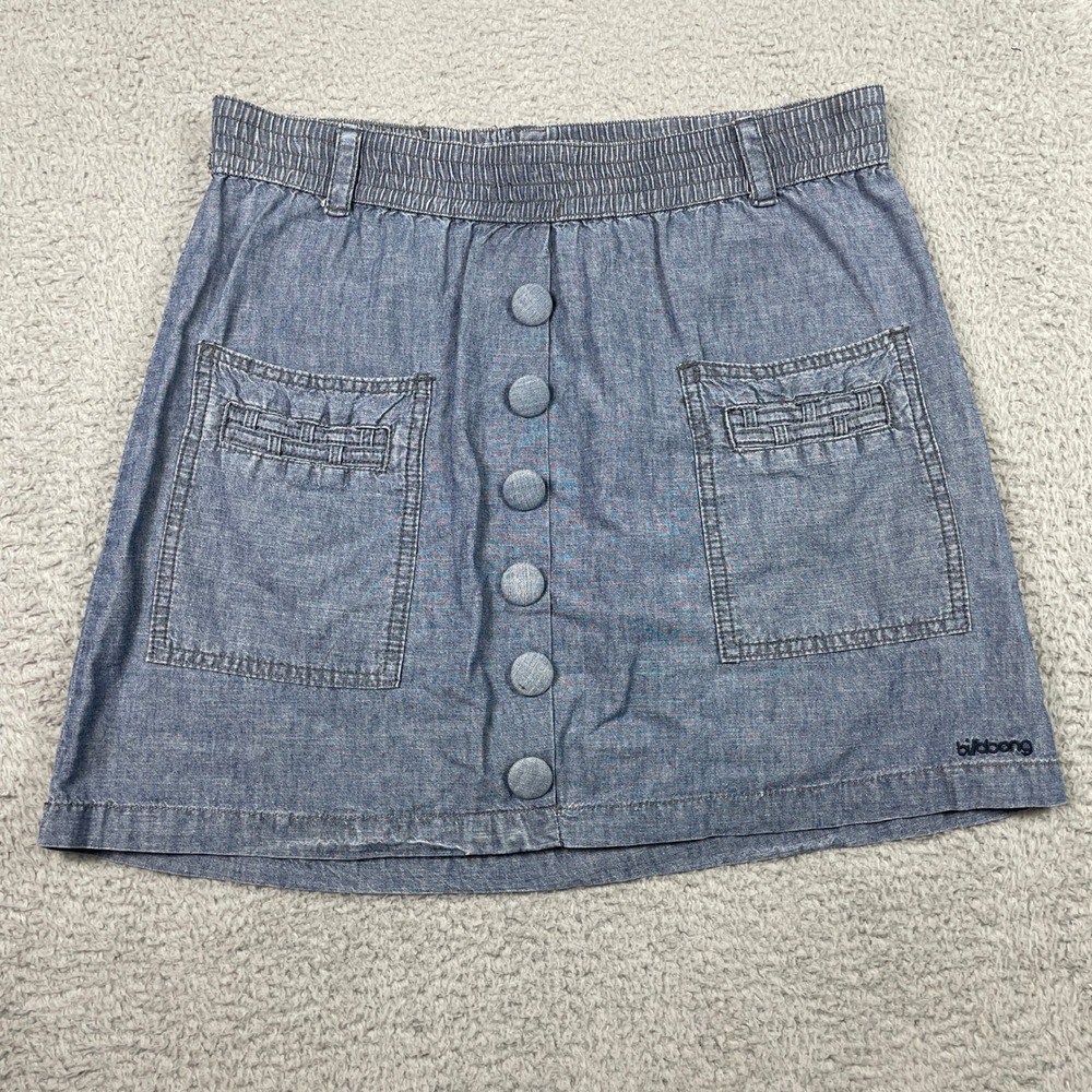 Billabong Button Front Chambray‎ Skirt Womens Medium Blue Cotton Mini Pocket